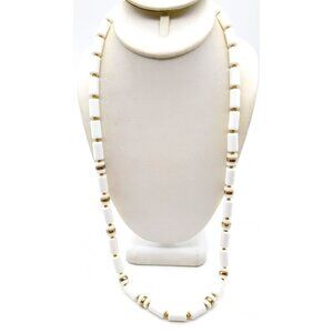Avon White Lucite Beaded Necklace, Chic Tubular Strand with Gold Tone Spacers